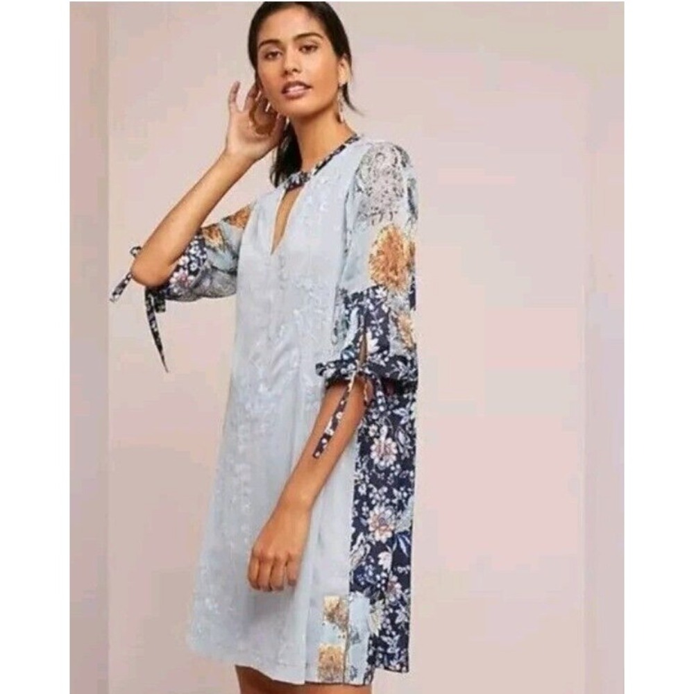 Anthropologie Tiny Lotus Floral Print Embroidered Dress Bohemian Mini SZ Small